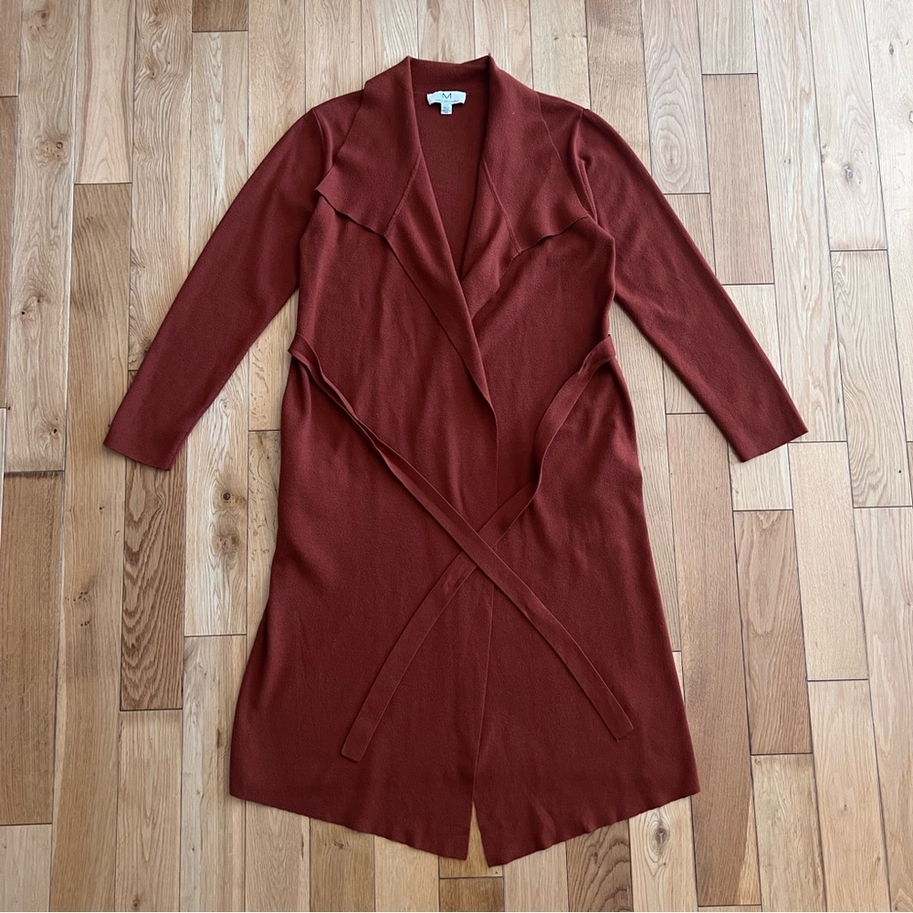 Magaschoni Womens Long Cardigan Belted Collared Open Front Pockets Size Large
